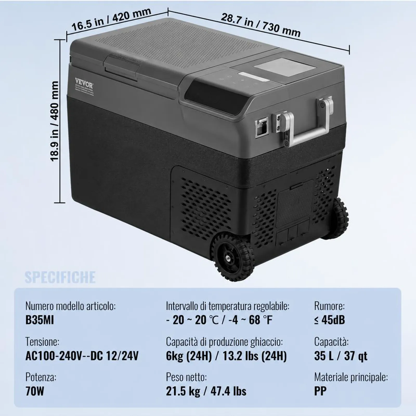 VEVOR Frigorifero Portatile per Auto, Frigorifero 12 V, Congelatore Portatile Zona Singola 35 L, Temperatura - 20 ~ 20 ℃, Refrigeratore a Compressore con Rotelle per Casa, Esterno, Camper, Auto
