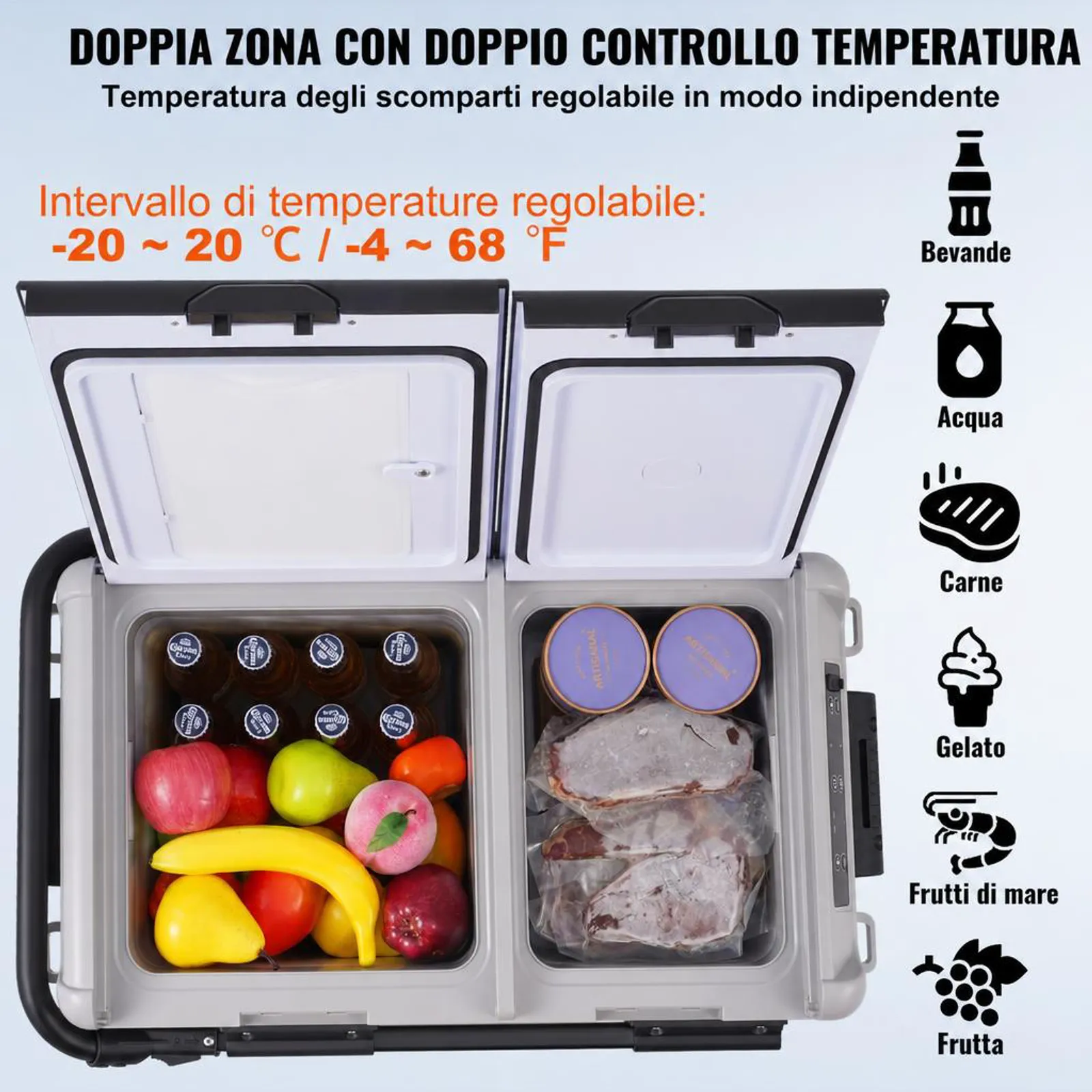 VEVOR Frigorifero Portatile per Auto, Frigorifero 12 V, Congelatore Portatile a Due Zona da 40 L , Temperatura Regolabile - 20 ~ 20 ℃, Refrigeratore a Compressore per Casa, Esterno, Camper, Auto