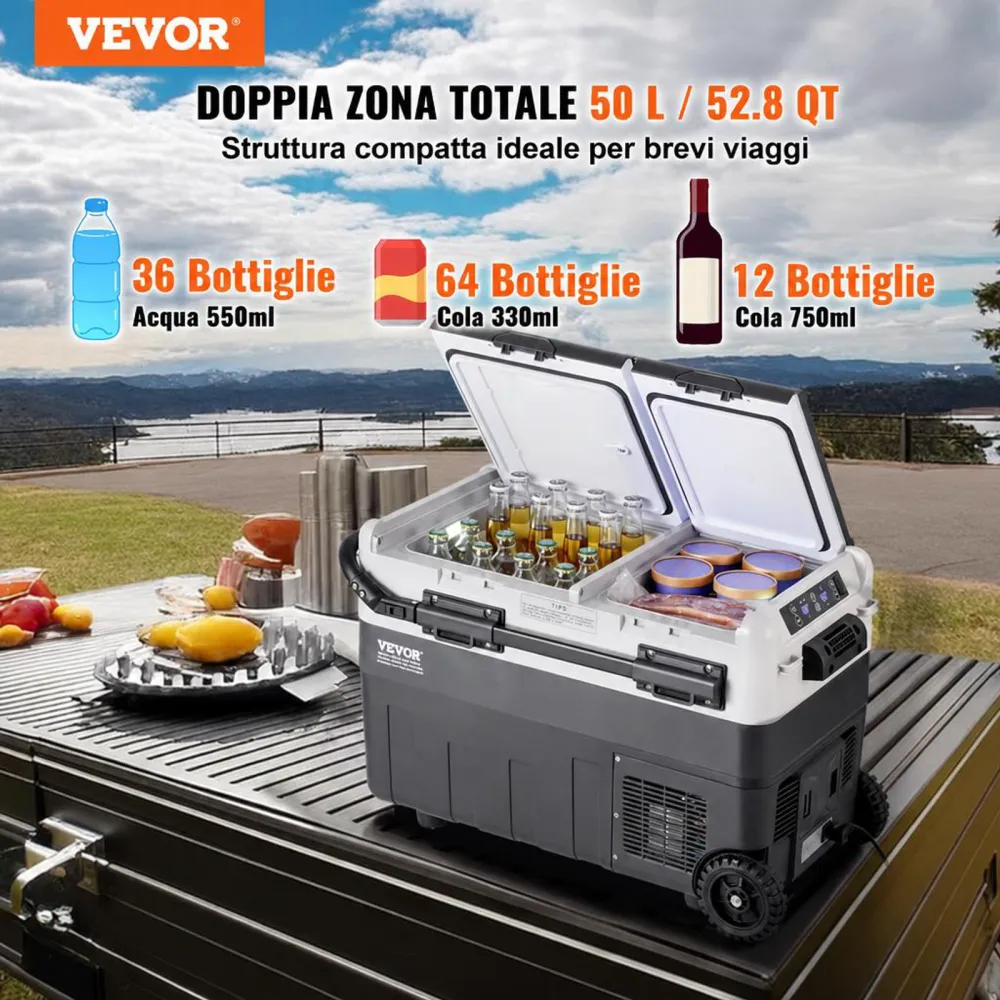 VEVOR Frigorifero Portatile per Auto, Frigorifero 12 V, Congelatore Portatile a Due Zona da 50 L , Temperatura Regolabile - 20 ~ 20 ℃, Refrigeratore a Compressore per Casa, Esterno, Camper, Auto