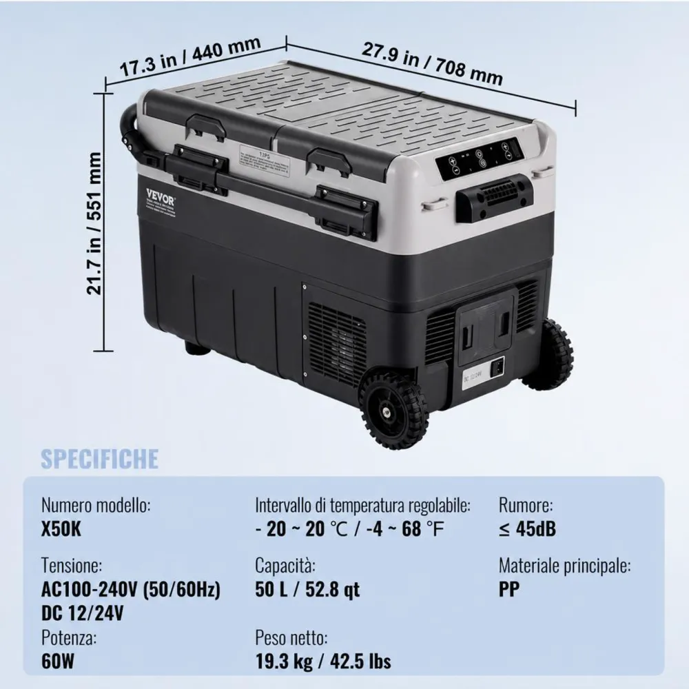 VEVOR Frigorifero Portatile per Auto, Frigorifero 12 V, Congelatore Portatile a Due Zona da 50 L , Temperatura Regolabile - 20 ~ 20 ℃, Refrigeratore a Compressore per Casa, Esterno, Camper, Auto