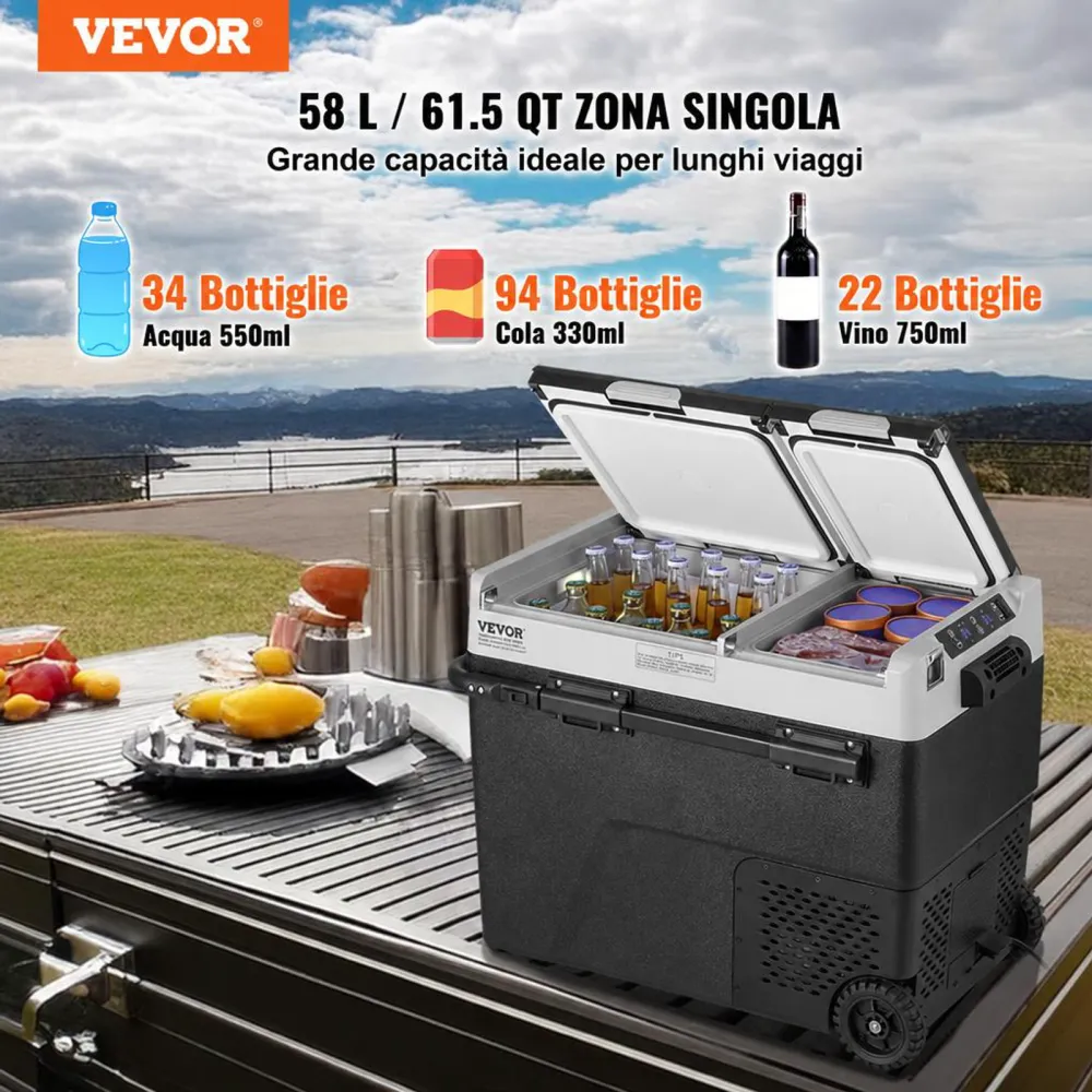VEVOR Frigorifero Portatile per Auto, Frigorifero 12 V, Congelatore Portatile a Due Zona da 58 L , Temperatura Regolabile - 20 ~ 20 ℃, Refrigeratore a Compressore per Casa, Esterno, Camper, Auto