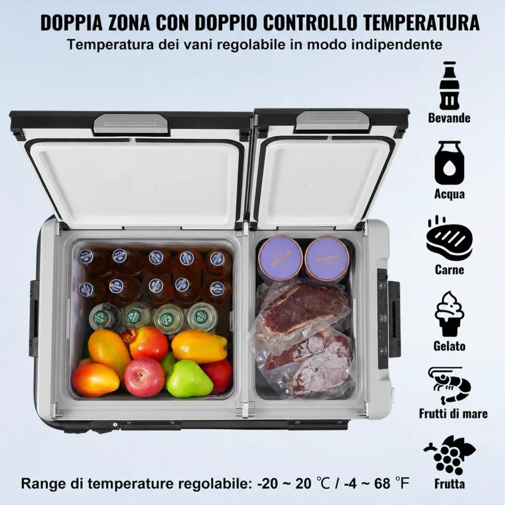 VEVOR Frigorifero Portatile per Auto, Frigorifero 12 V, Congelatore Portatile a Due Zona da 58 L , Temperatura Regolabile - 20 ~ 20 ℃, Refrigeratore a Compressore per Casa, Esterno, Camper, Auto