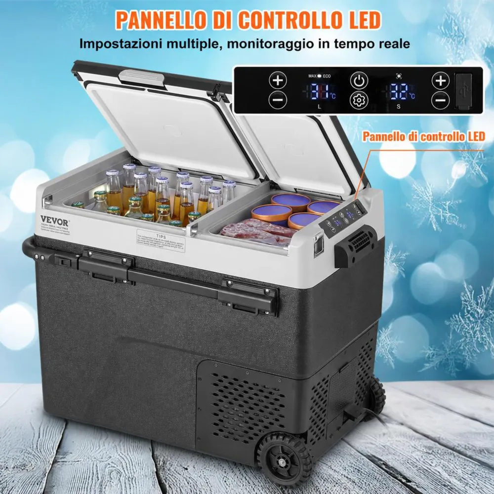 VEVOR Frigorifero Portatile per Auto, Frigorifero 12 V, Congelatore Portatile a Due Zona da 58 L , Temperatura Regolabile - 20 ~ 20 ℃, Refrigeratore a Compressore per Casa, Esterno, Camper, Auto