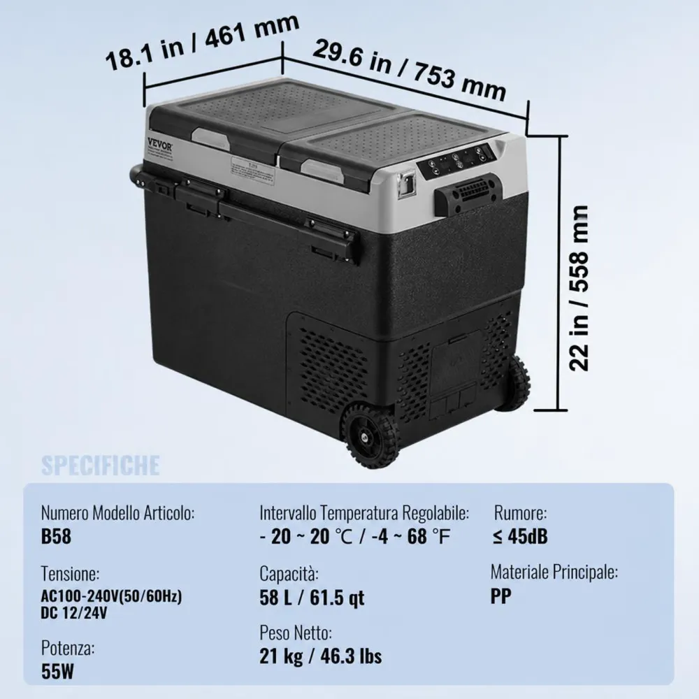 VEVOR Frigorifero Portatile per Auto, Frigorifero 12 V, Congelatore Portatile a Due Zona da 58 L , Temperatura Regolabile - 20 ~ 20 ℃, Refrigeratore a Compressore per Casa, Esterno, Camper, Auto