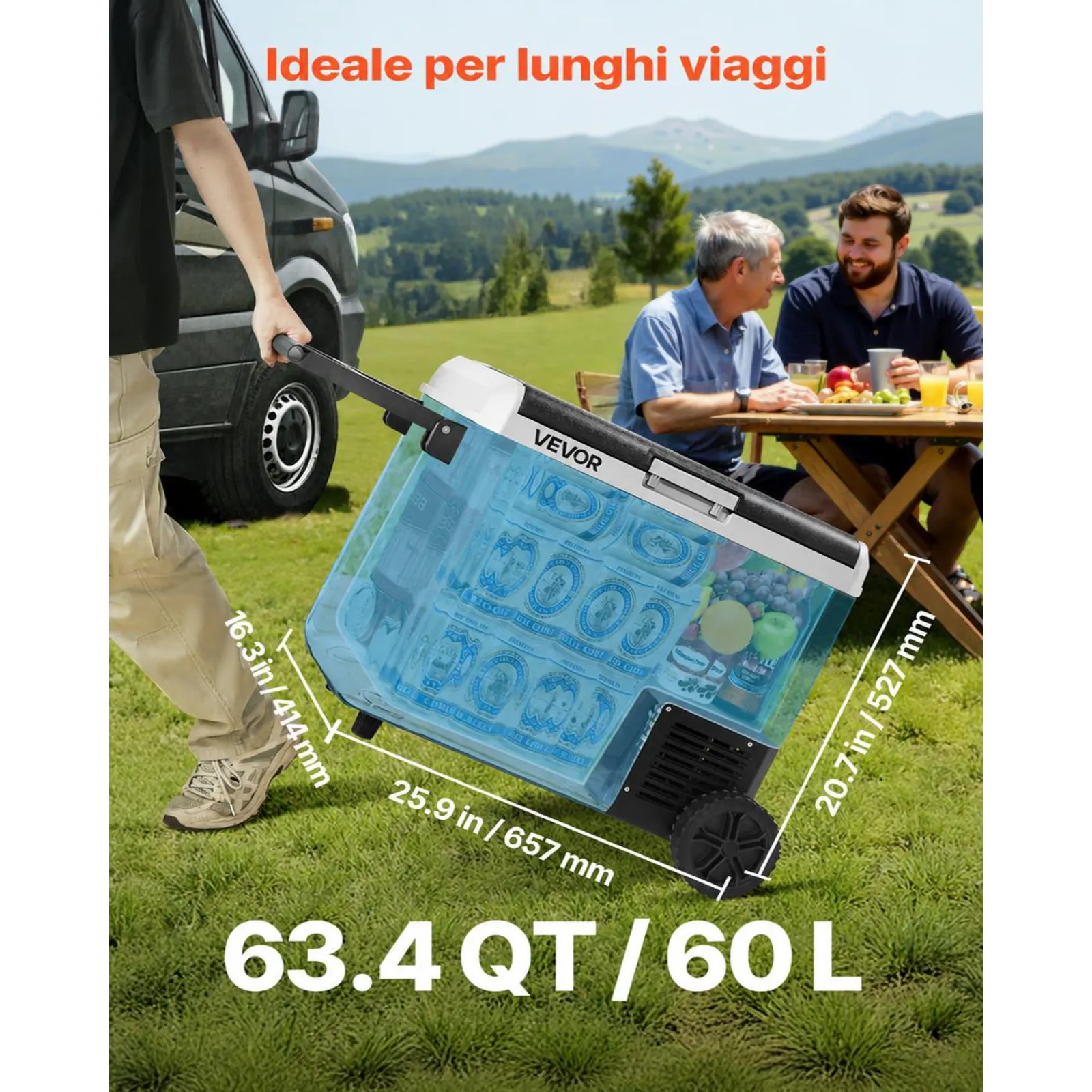 VEVOR Frigorifero a Ruote per Auto Portatile, Frigo Portatile con Ruote Maniglia Capienza 60 Litri, Congelatore a Compressore 12/24V CC 100-240V CA da Esterno Campeggio Picnic, Frigorifero per Camper