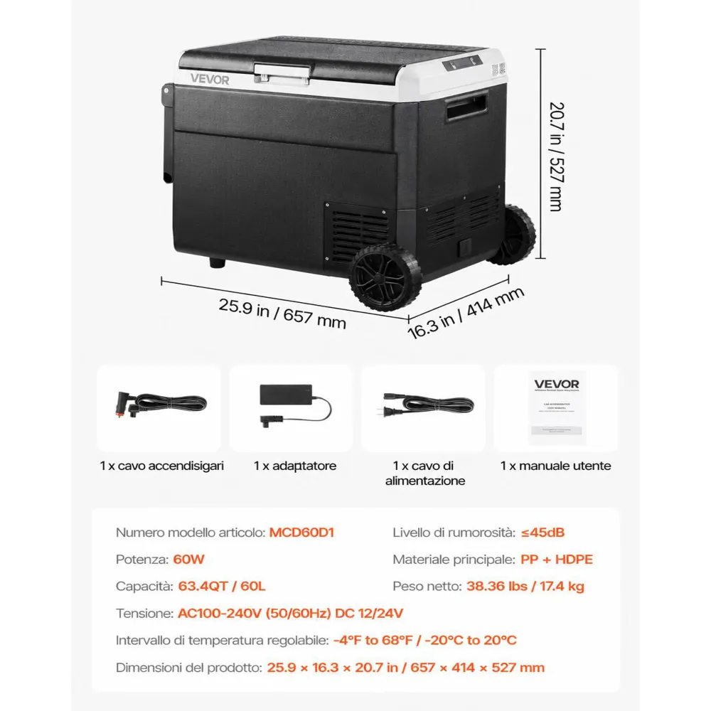 VEVOR Frigorifero a Ruote per Auto Portatile, Frigo Portatile con Ruote Maniglia Capienza 60 Litri, Congelatore a Compressore 12/24V CC 100-240V CA da Esterno Campeggio Picnic, Frigorifero per Camper