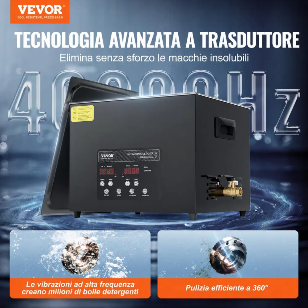 VEVOR Pulitore ad Ultrasuoni da 15 L, Macchina per la Pulizia ad Ultrasuoni Digitale da 360 W con Modalità Delicata, Pulitore ad Ultrasuoni Industriale da 40 kHz con Riscaldatore e Timer