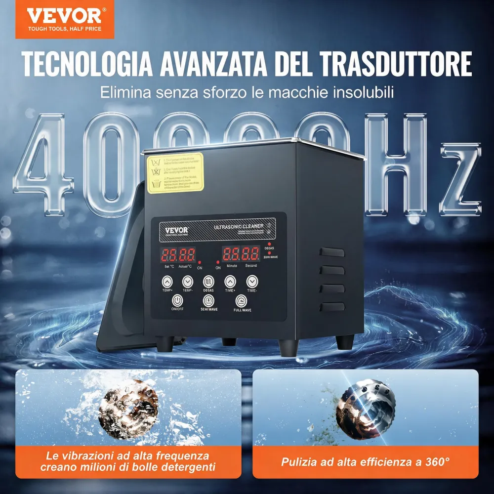 VEVOR Pulitore a Ultrasuoni 2 L Macchina per Pulizia a Ultrasuoni Digitale da 60 W 40 kHz con Modalità Delicata e Degasaggio Migliorato, con Riscaldatore per Gioielli, Occhiali, Utensili, Contenitori