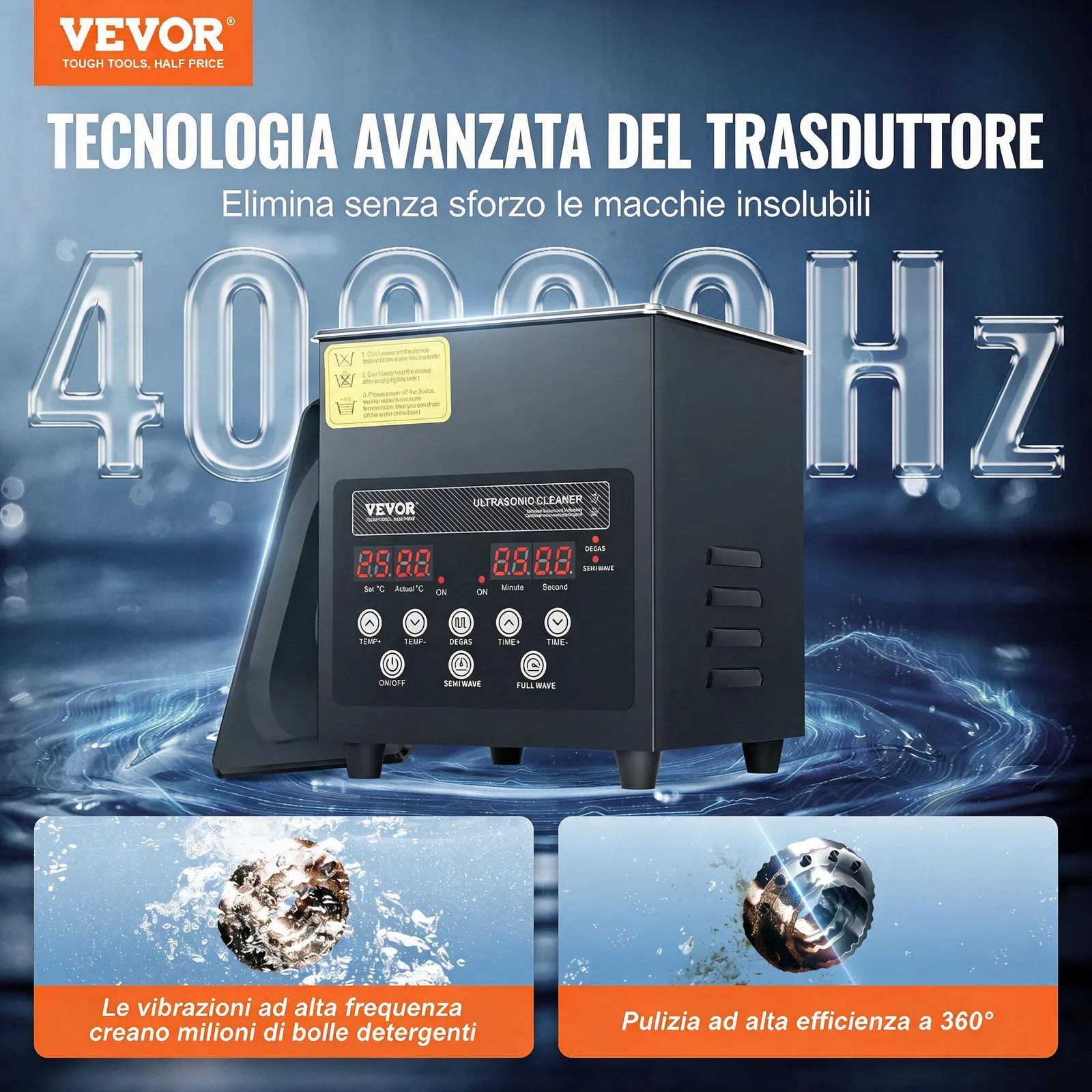 VEVOR Pulitore a Ultrasuoni 2 L Macchina per Pulizia a Ultrasuoni Digitale da 60 W 40 kHz con Modalità Delicata e Degasaggio Migliorato, con Riscaldatore per Gioielli, Occhiali, Utensili, Contenitori