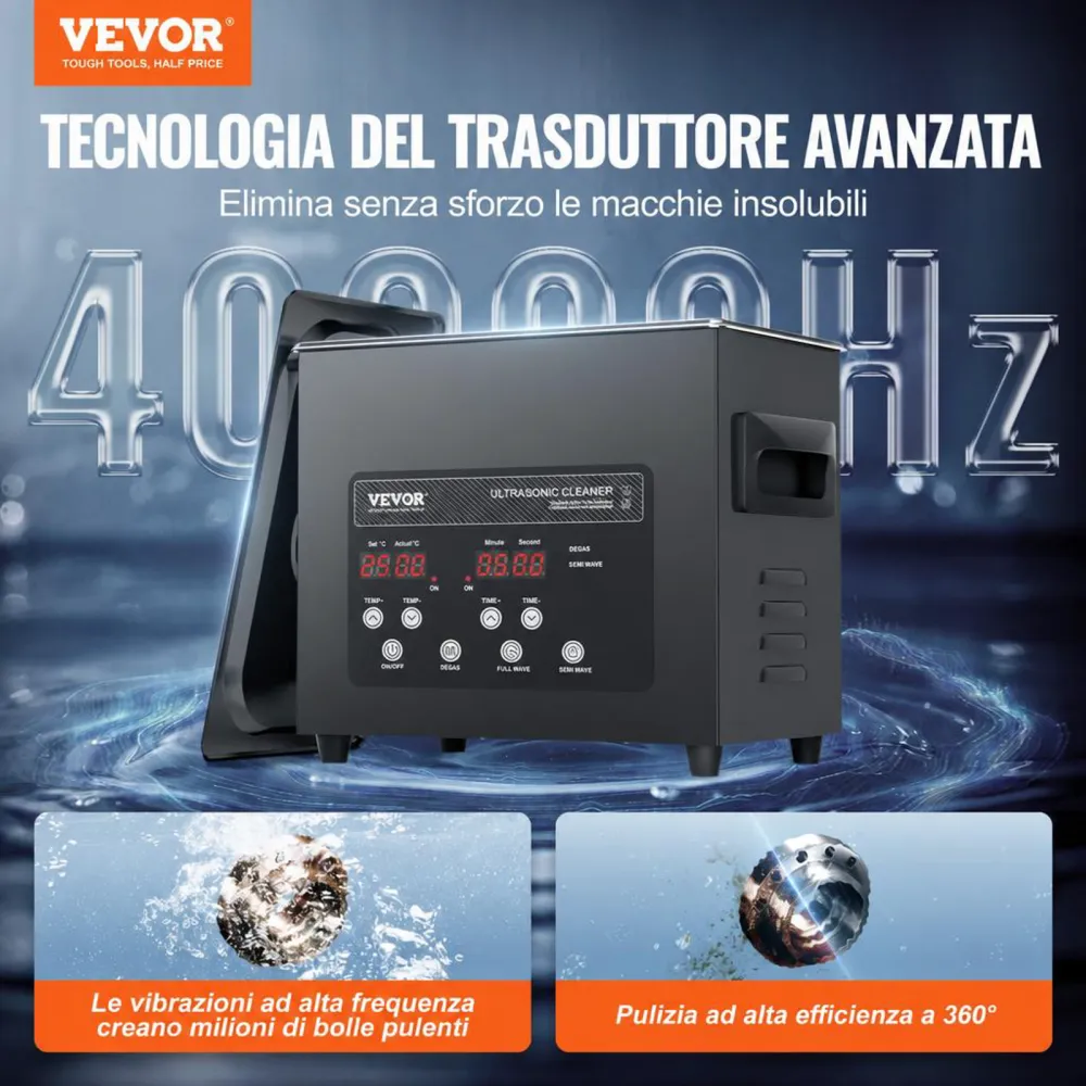 VEVOR Pulitore Digitale Ultrasuoni da 3 L 120 W, con Modalità Delicata Migliorato, Pulitore Ultrasuoni Industriale da 40 kHz con Riscaldatore e Timer per Contenitori, Gioielli 265 x 165 x 240 mm