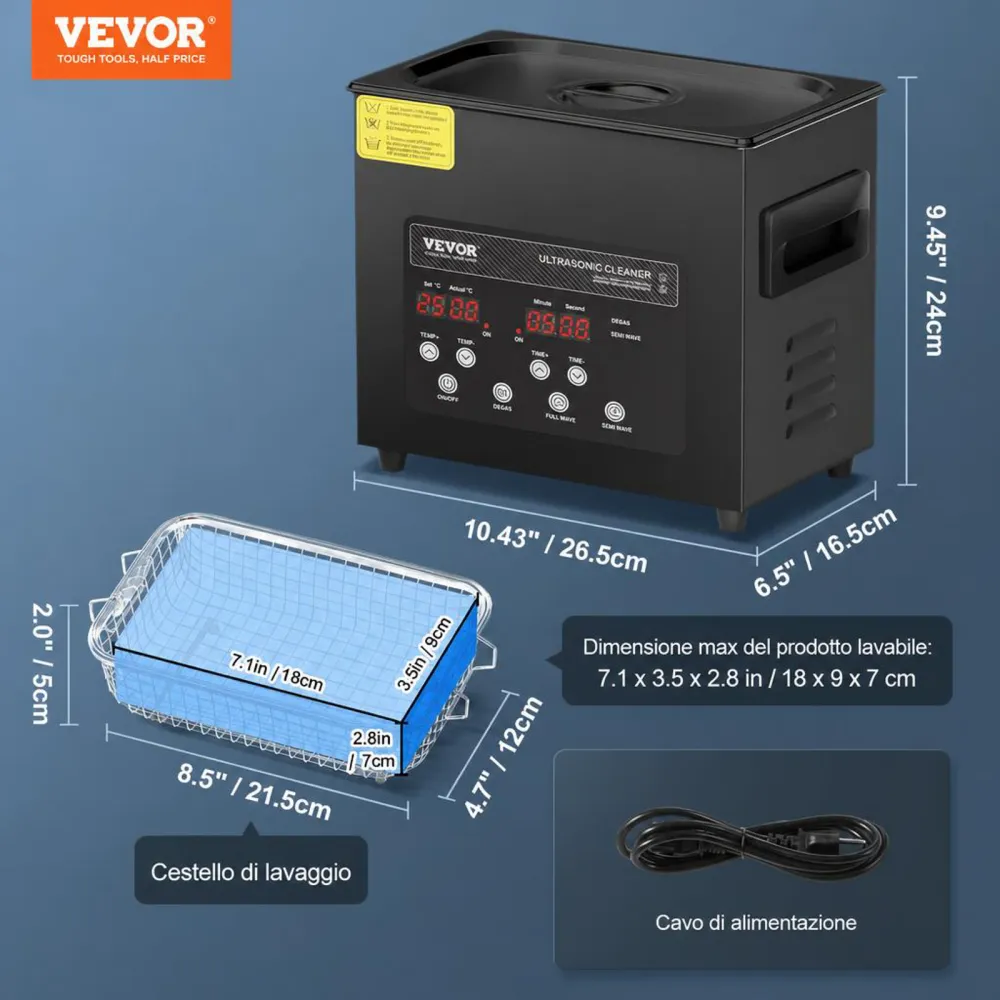 VEVOR Pulitore Digitale Ultrasuoni da 3 L 120 W, con Modalità Delicata Migliorato, Pulitore Ultrasuoni Industriale da 40 kHz con Riscaldatore e Timer per Contenitori, Gioielli 265 x 165 x 240 mm