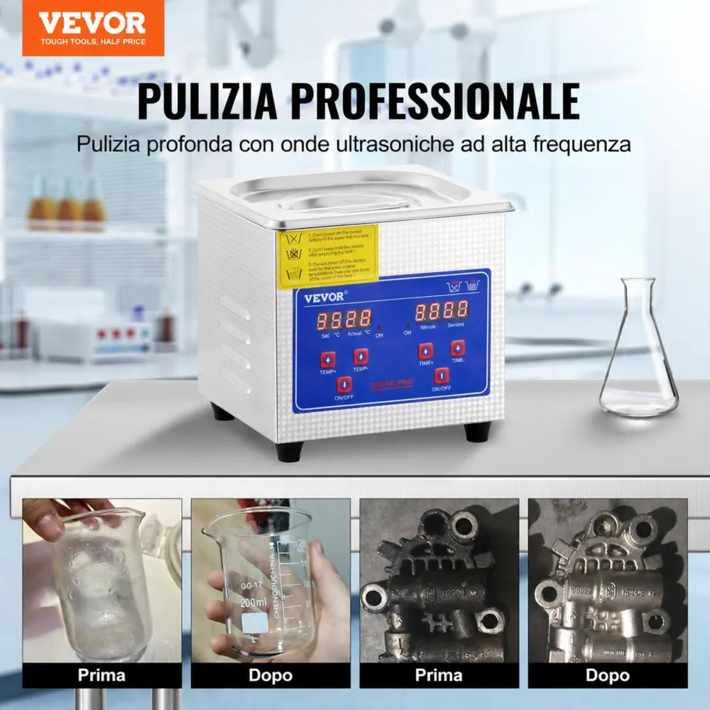 VEVOR Pulitore ad Ultrasuoni 1.3L Macchina di Pulizia ad Ultrasuoni in Acciaio Inossidabile Timer Riscaldamento Digitale Pulizia di Gioielli per Uso Domestico Personale Commerciale
