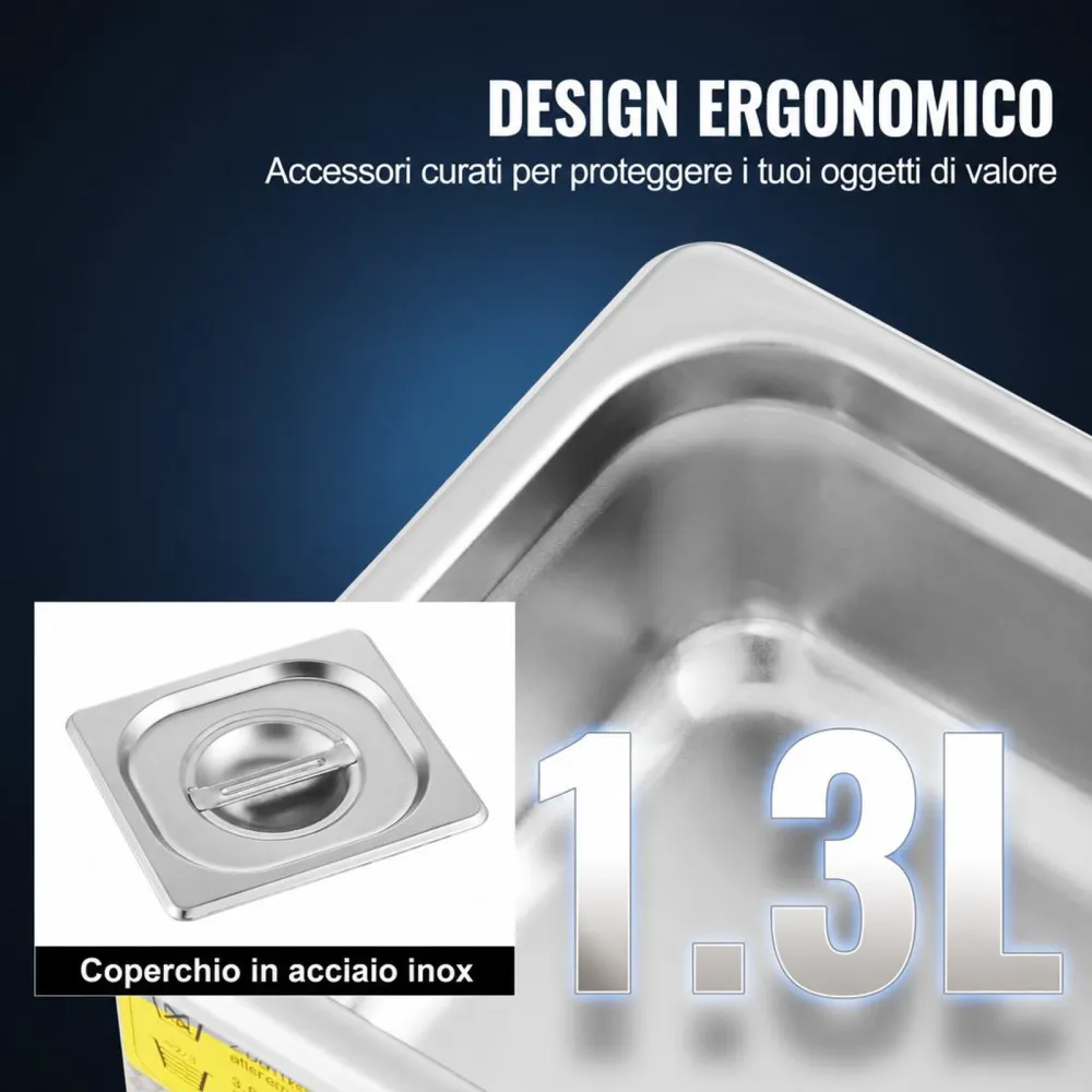 VEVOR Pulitore ad Ultrasuoni 1.3L Macchina di Pulizia ad Ultrasuoni in Acciaio Inossidabile Timer Riscaldamento Digitale Pulizia di Gioielli per Uso Domestico Personale Commerciale