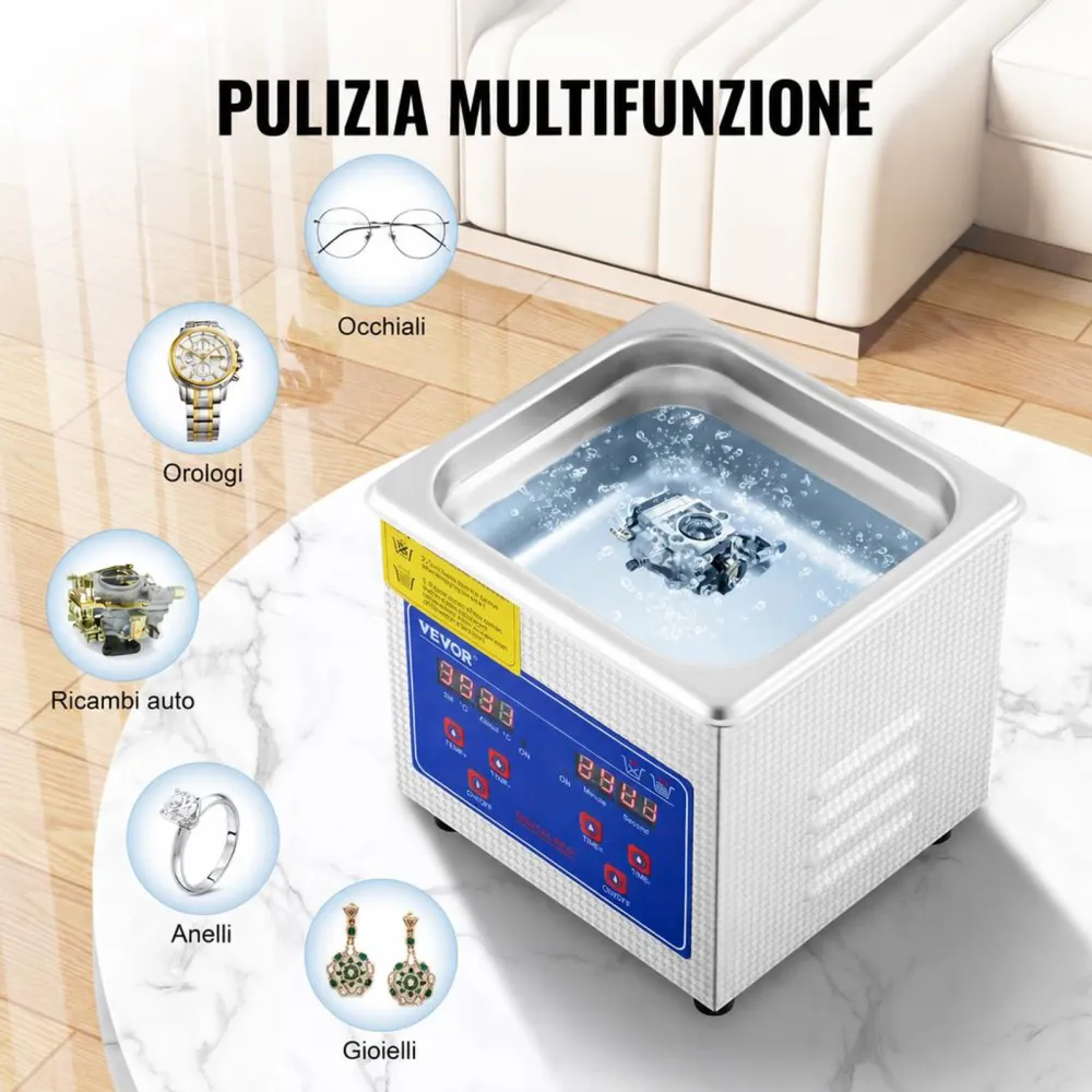 VEVOR Pulitore ad Ultrasuoni 1.3L Macchina di Pulizia ad Ultrasuoni in Acciaio Inossidabile Timer Riscaldamento Digitale Pulizia di Gioielli per Uso Domestico Personale Commerciale