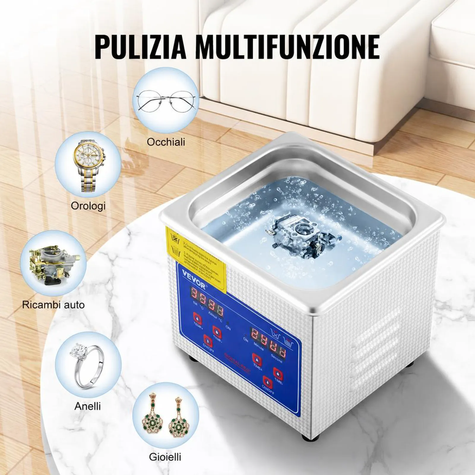 VEVOR Pulitore ad Ultrasuoni 1.3L Macchina di Pulizia ad Ultrasuoni in Acciaio Inossidabile Timer Riscaldamento Digitale Pulizia di Gioielli per Uso Domestico Personale Commerciale