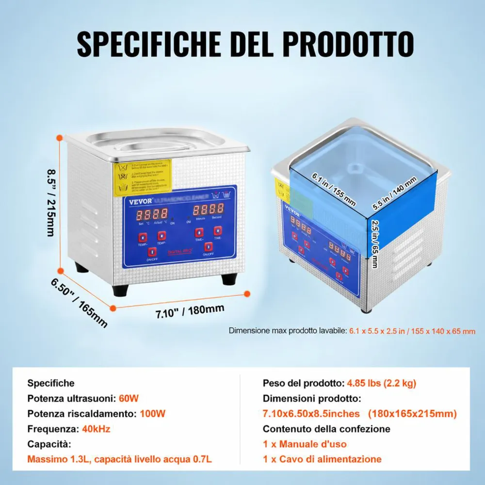 VEVOR Pulitore ad Ultrasuoni 1.3L Macchina di Pulizia ad Ultrasuoni in Acciaio Inossidabile Timer Riscaldamento Digitale Pulizia di Gioielli per Uso Domestico Personale Commerciale