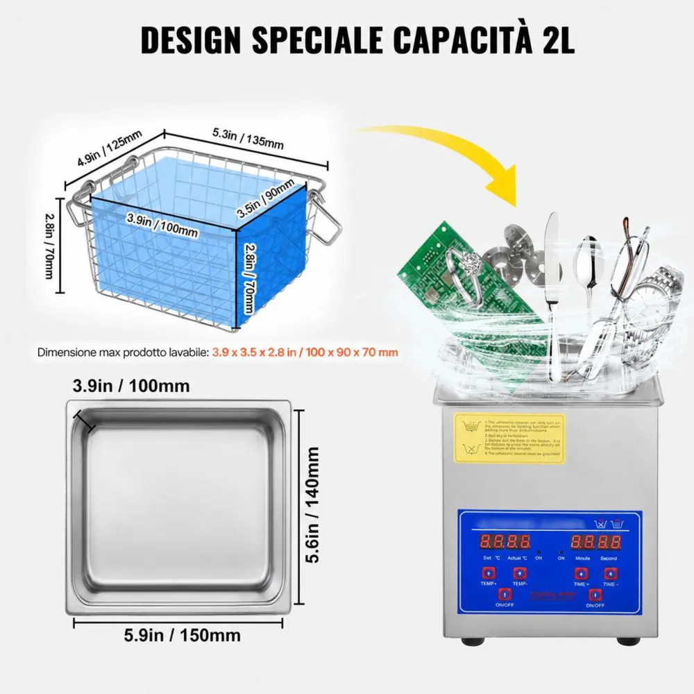 VEVOR Pulitore ad Ultrasuoni 2L Macchina di Pulizia ad Ultrasuoni in Acciaio Inossidabile Timer Riscaldamento Digitale Pulizia di Gioielli per Uso Domestico Personale Commerciale