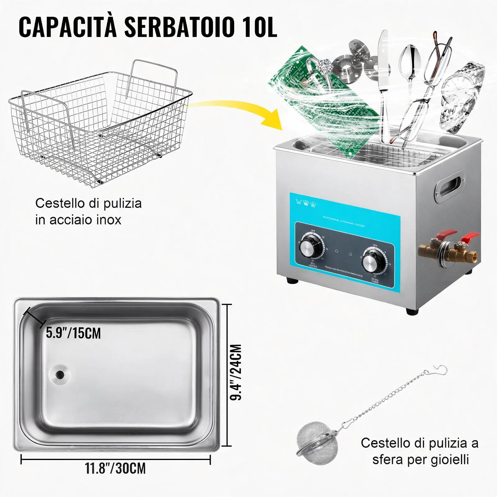 VEVOR 10L Macchina di Pulizia Ultrasonico Cleaner Professionale Digital Ultrasonic Cleaner Macchina Sanitizer per Carburatore Parti in Ottone Gioielli Dentali Monete Metalliche