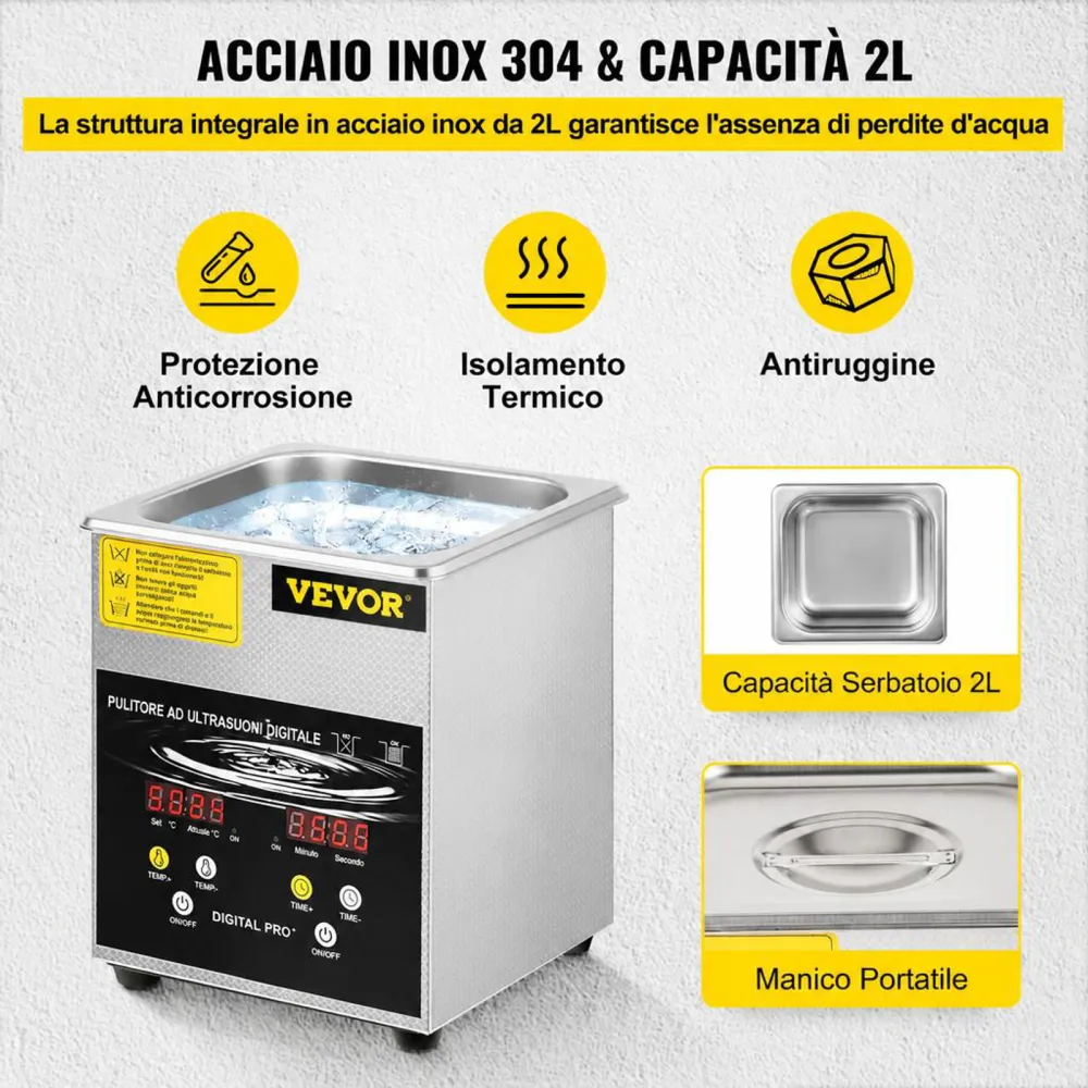 VEVOR Pulitore a Ultrasuoni Aggiornato 2 L (Riscaldatore da 100 W a Ultrasuoni da 60 W) Pulitore per Parti a Ultrasuoni da Laboratorio Digitale con Temporizzatore per Pulizia di Parti di Gioielli