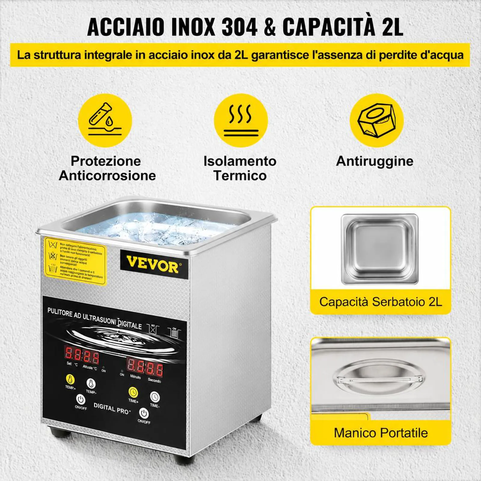 VEVOR Pulitore a Ultrasuoni Aggiornato 2 L (Riscaldatore da 100 W a Ultrasuoni da 60 W) Pulitore per Parti a Ultrasuoni da Laboratorio Digitale con Temporizzatore per Pulizia di Parti di Gioielli