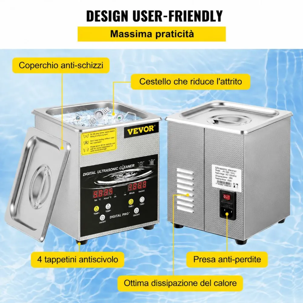 VEVOR Pulitore a Ultrasuoni Aggiornato 2 L (Riscaldatore da 100 W a Ultrasuoni da 60 W) Pulitore per Parti a Ultrasuoni da Laboratorio Digitale con Temporizzatore per Pulizia di Parti di Gioielli
