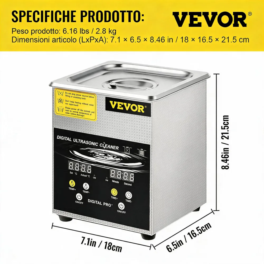 VEVOR Pulitore a Ultrasuoni Aggiornato 2 L (Riscaldatore da 100 W a Ultrasuoni da 60 W) Pulitore per Parti a Ultrasuoni da Laboratorio Digitale con Temporizzatore per Pulizia di Parti di Gioielli