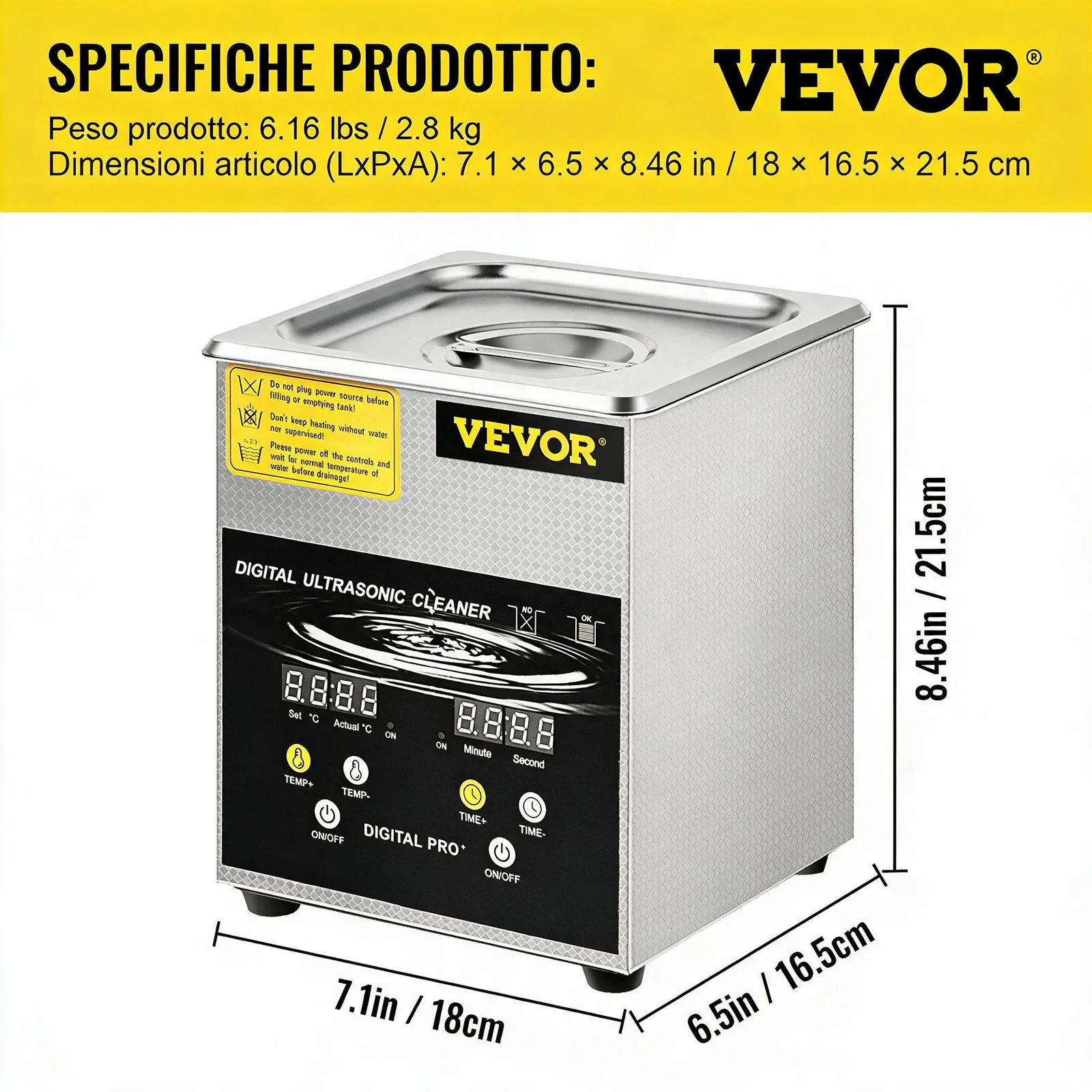 VEVOR Pulitore a Ultrasuoni Aggiornato 2 L (Riscaldatore da 100 W a Ultrasuoni da 60 W) Pulitore per Parti a Ultrasuoni da Laboratorio Digitale con Temporizzatore per Pulizia di Parti di Gioielli