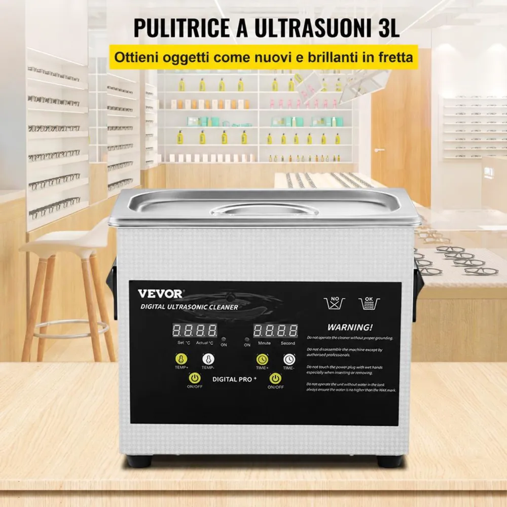 VEVOR Pulitore a Ultrasuoni Aggiornato 3 L (Riscaldatore 200 W Ultrasuoni 120 W) Pulitore di Parti a Ultrasuoni da Laboratorio Digitale con Riscaldamento per Pulizia di Parti di Occhiali Gioielli