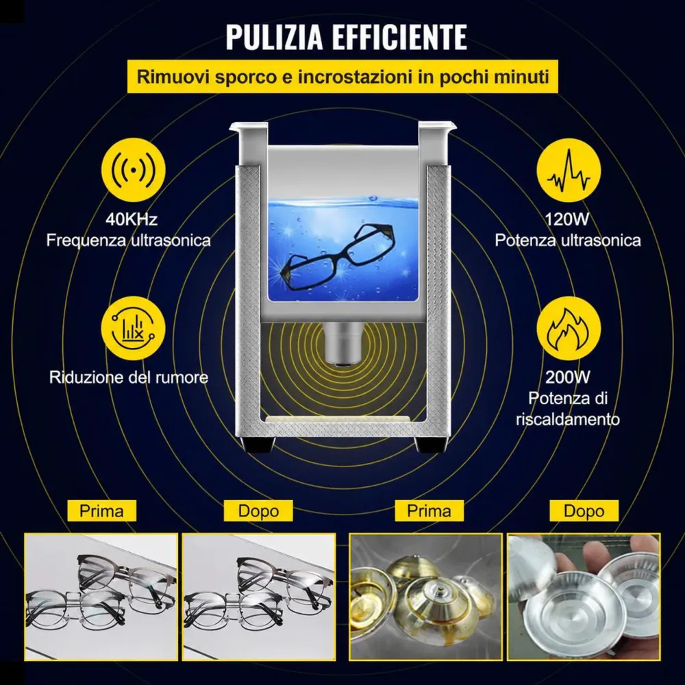 VEVOR Pulitore a Ultrasuoni Aggiornato 3 L (Riscaldatore 200 W Ultrasuoni 120 W) Pulitore di Parti a Ultrasuoni da Laboratorio Digitale con Riscaldamento per Pulizia di Parti di Occhiali Gioielli