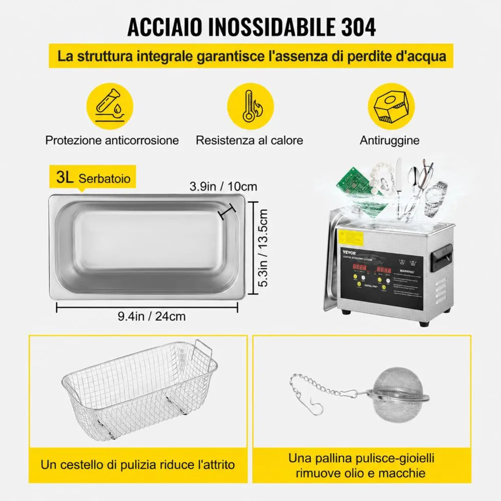 VEVOR Pulitore a Ultrasuoni Aggiornato 3 L (Riscaldatore 200 W Ultrasuoni 120 W) Pulitore di Parti a Ultrasuoni da Laboratorio Digitale con Riscaldamento per Pulizia di Parti di Occhiali Gioielli