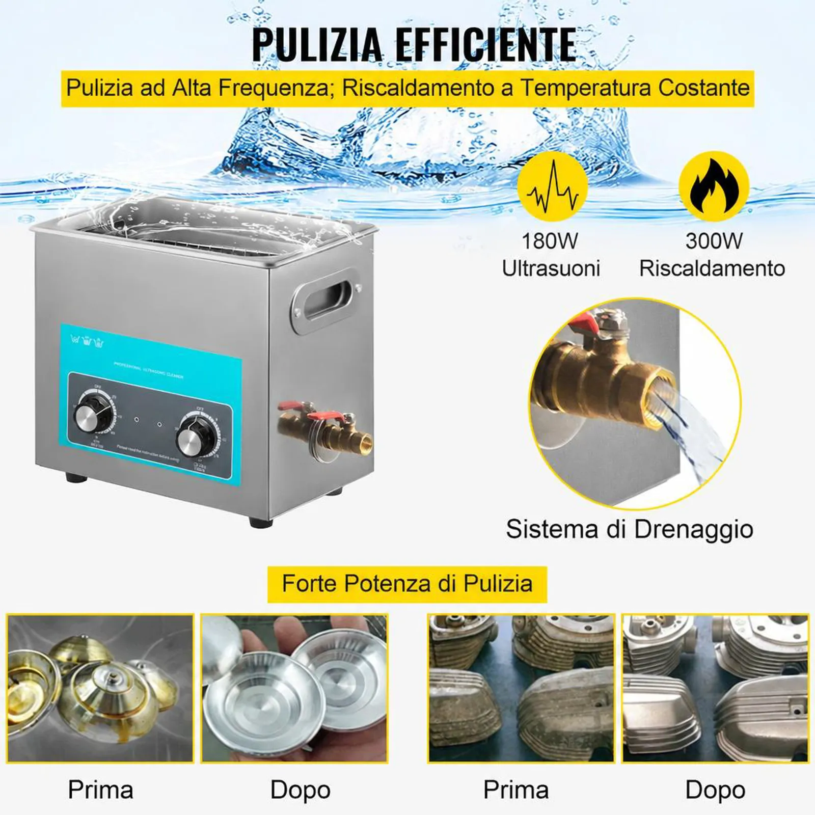 VEVOR 6.5L Pulitore Ultrasuoni Digitale Ultrasuoni Dispositivo in Acciaio Inox 304 con Riscaldatore Timer Macchina di Pulizia Uso Commerciale Domestico Personale