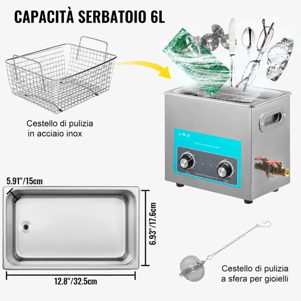 VEVOR 6.5L Pulitore Ultrasuoni Digitale Ultrasuoni Dispositivo in Acciaio Inox 304 con Riscaldatore Timer Macchina di Pulizia Uso Commerciale Domestico Personale