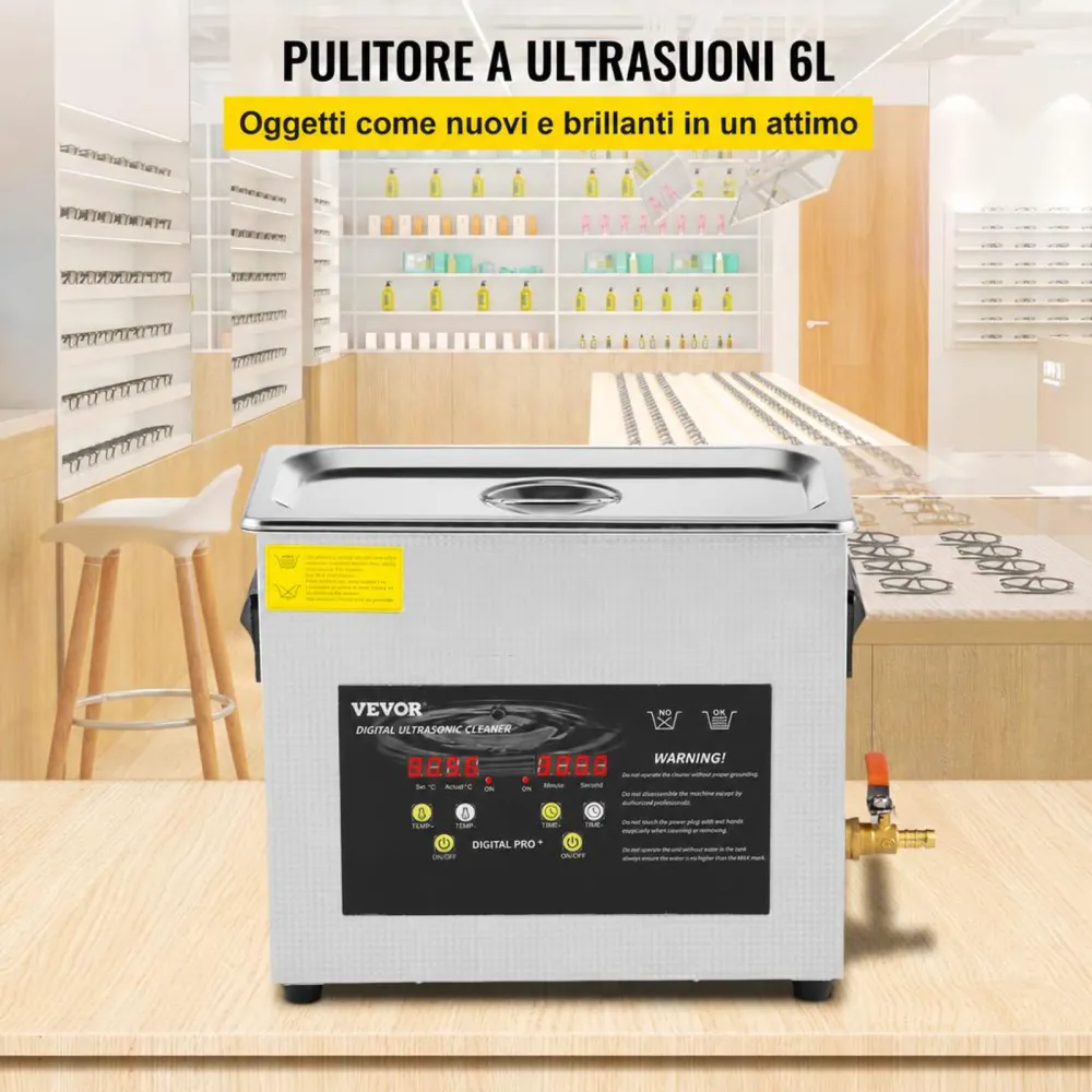 VEVOR Pulitore a Ultrasuoni Aggiornato 6 L (Riscaldatore da 200 W Ultrasuoni da 180 W) Pulitore di Parti a Ultrasuoni da Laboratorio Digitale con Temporizzatore per Pulizia di Strumenti di Gioielli