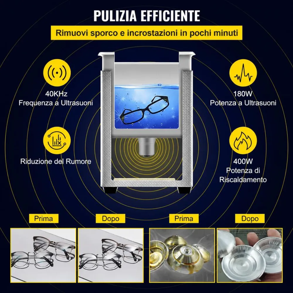 VEVOR Pulitore a Ultrasuoni Aggiornato 6 L (Riscaldatore da 200 W Ultrasuoni da 180 W) Pulitore di Parti a Ultrasuoni da Laboratorio Digitale con Temporizzatore per Pulizia di Strumenti di Gioielli