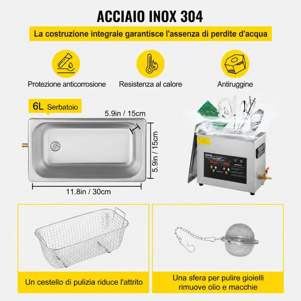 VEVOR Pulitore a Ultrasuoni Aggiornato 6 L (Riscaldatore da 200 W Ultrasuoni da 180 W) Pulitore di Parti a Ultrasuoni da Laboratorio Digitale con Temporizzatore per Pulizia di Strumenti di Gioielli