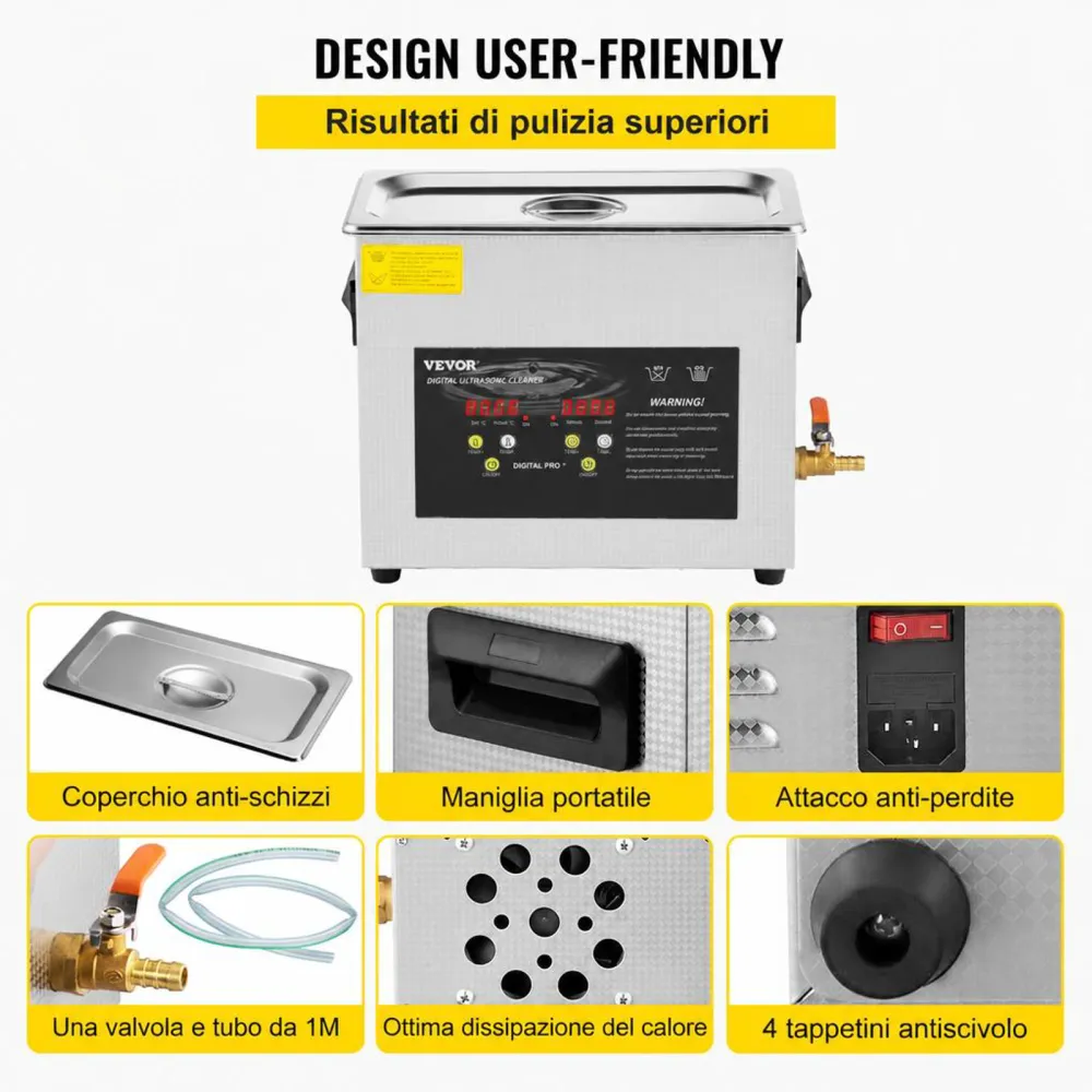 VEVOR Pulitore a Ultrasuoni Aggiornato 6 L (Riscaldatore da 200 W Ultrasuoni da 180 W) Pulitore di Parti a Ultrasuoni da Laboratorio Digitale con Temporizzatore per Pulizia di Strumenti di Gioielli