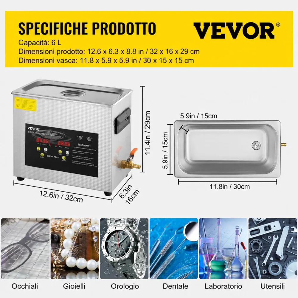 VEVOR Pulitore a Ultrasuoni Aggiornato 6 L (Riscaldatore da 200 W Ultrasuoni da 180 W) Pulitore di Parti a Ultrasuoni da Laboratorio Digitale con Temporizzatore per Pulizia di Strumenti di Gioielli