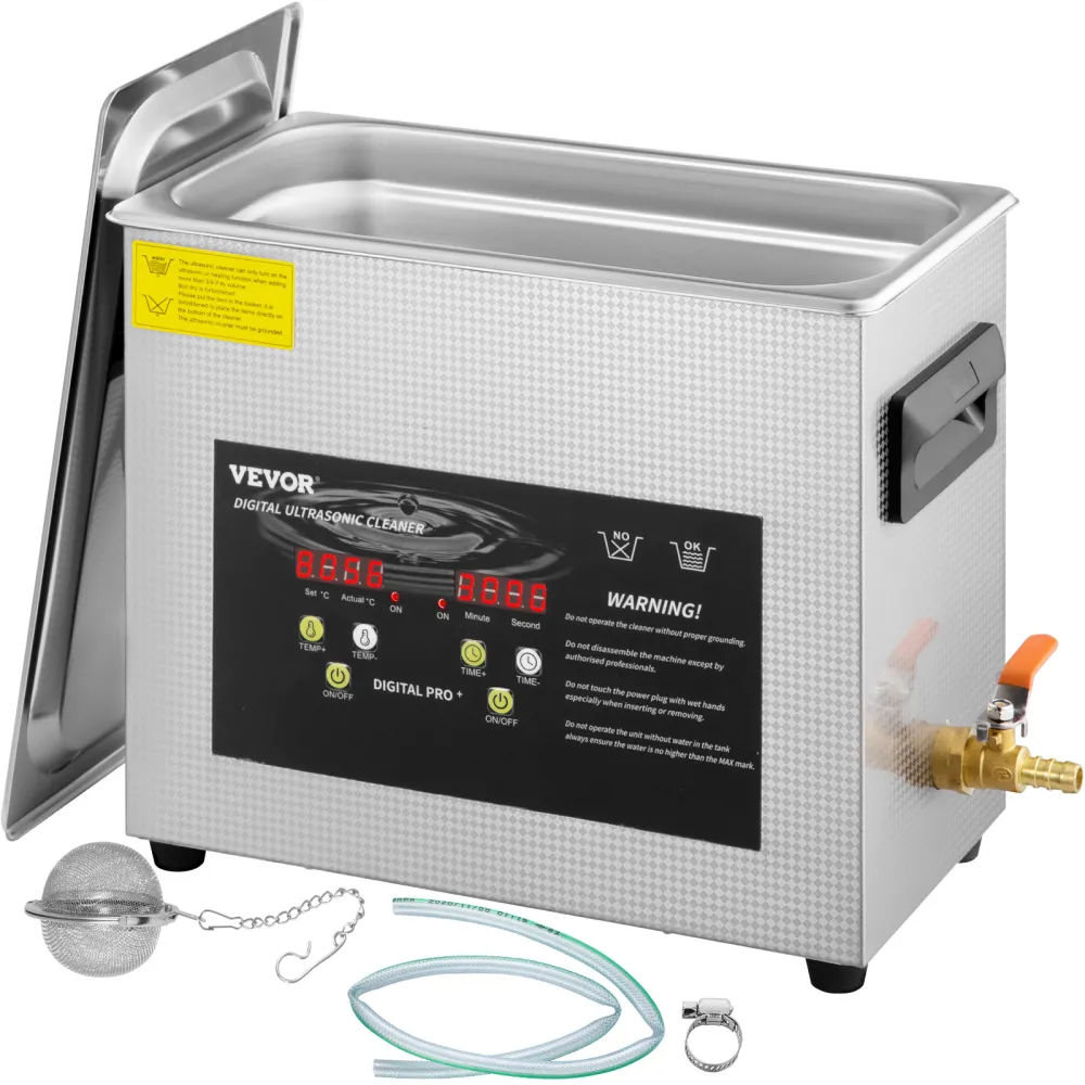 VEVOR Pulitore a Ultrasuoni Aggiornato 6 L (Riscaldatore da 200 W Ultrasuoni da 180 W) Pulitore di Parti a Ultrasuoni da Laboratorio Digitale con Temporizzatore per Pulizia di Strumenti di Gioielli