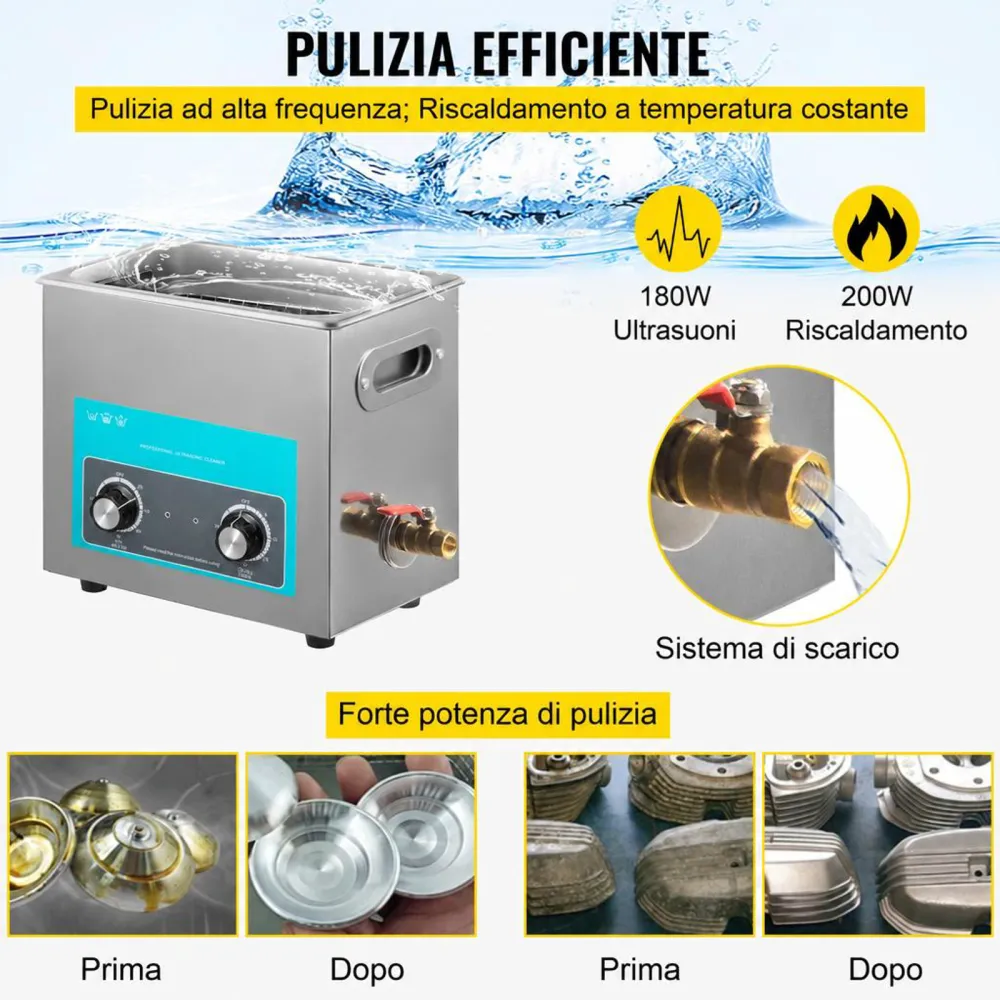 VEVOR Pulitore a Ultrasuoni 6 L Macchina Pulitrice a Ultrasuoni Controllo con Manopola in Acciaio Inossidabile 304, con Temporizzatore Riscaldatore per Gioielli, Orologi, Occhiali, Strumenti Dentali