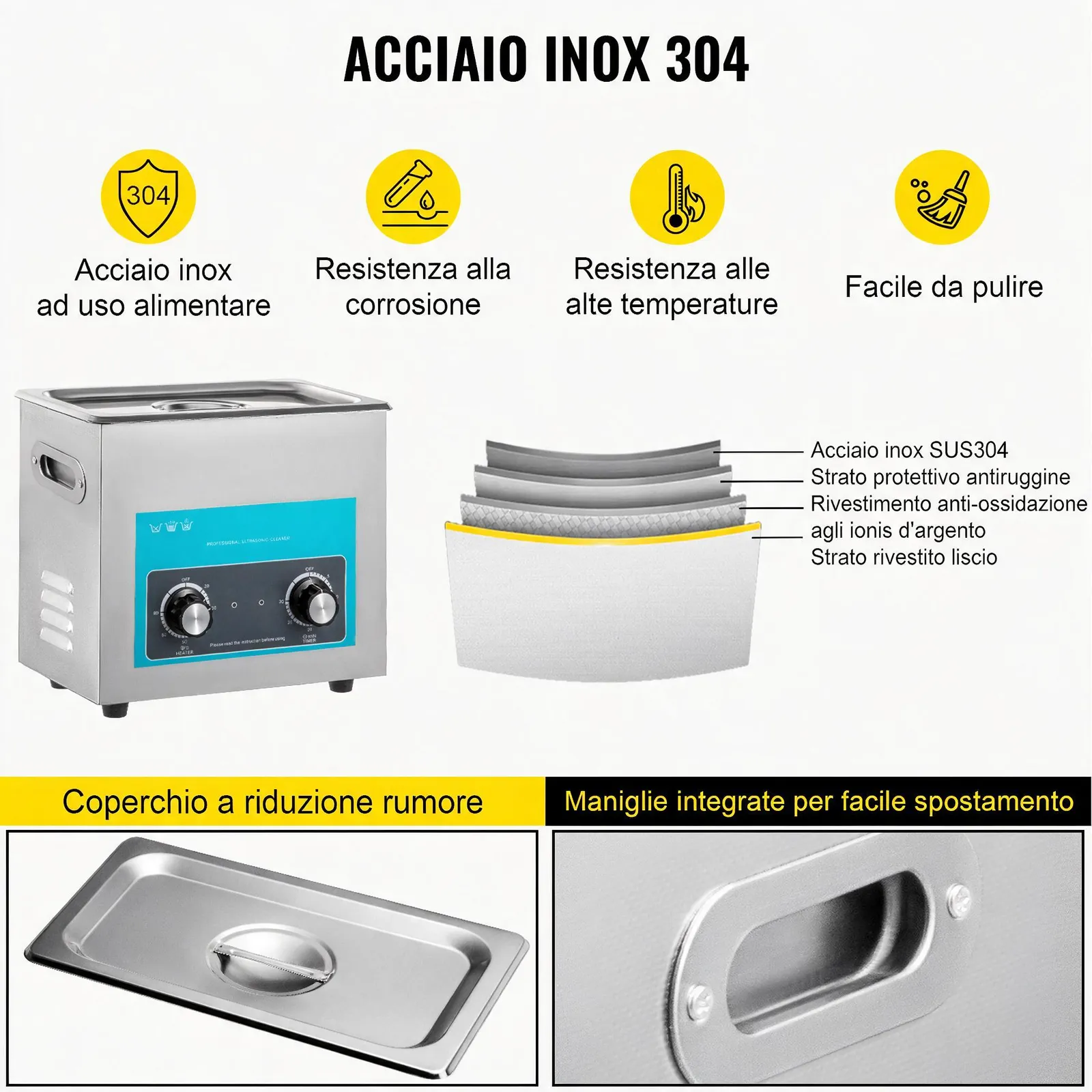 VEVOR Pulitore a Ultrasuoni 6 L Macchina Pulitrice a Ultrasuoni Controllo con Manopola in Acciaio Inossidabile 304, con Temporizzatore Riscaldatore per Gioielli, Orologi, Occhiali, Strumenti Dentali