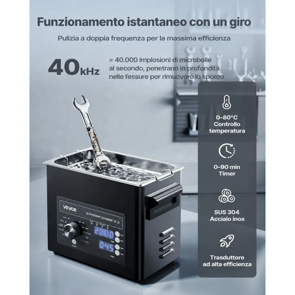 VEVOR Macchina di Pulizia a Ultrasuoni Professionale con Controllo Tramite Manopola Rotante, Capacita di 3 L con Cestello e Sfera di Pulizia, Pulitore a Ultrasuoni per Orologi, Rasoi, Gioielli