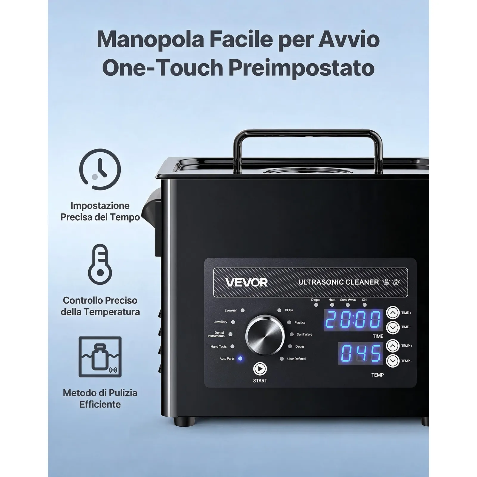 VEVOR Macchina di Pulizia a Ultrasuoni Professionale con Controllo Tramite Manopola Rotante, Capacita di 3 L con Cestello e Sfera di Pulizia, Pulitore a Ultrasuoni per Orologi, Rasoi, Gioielli