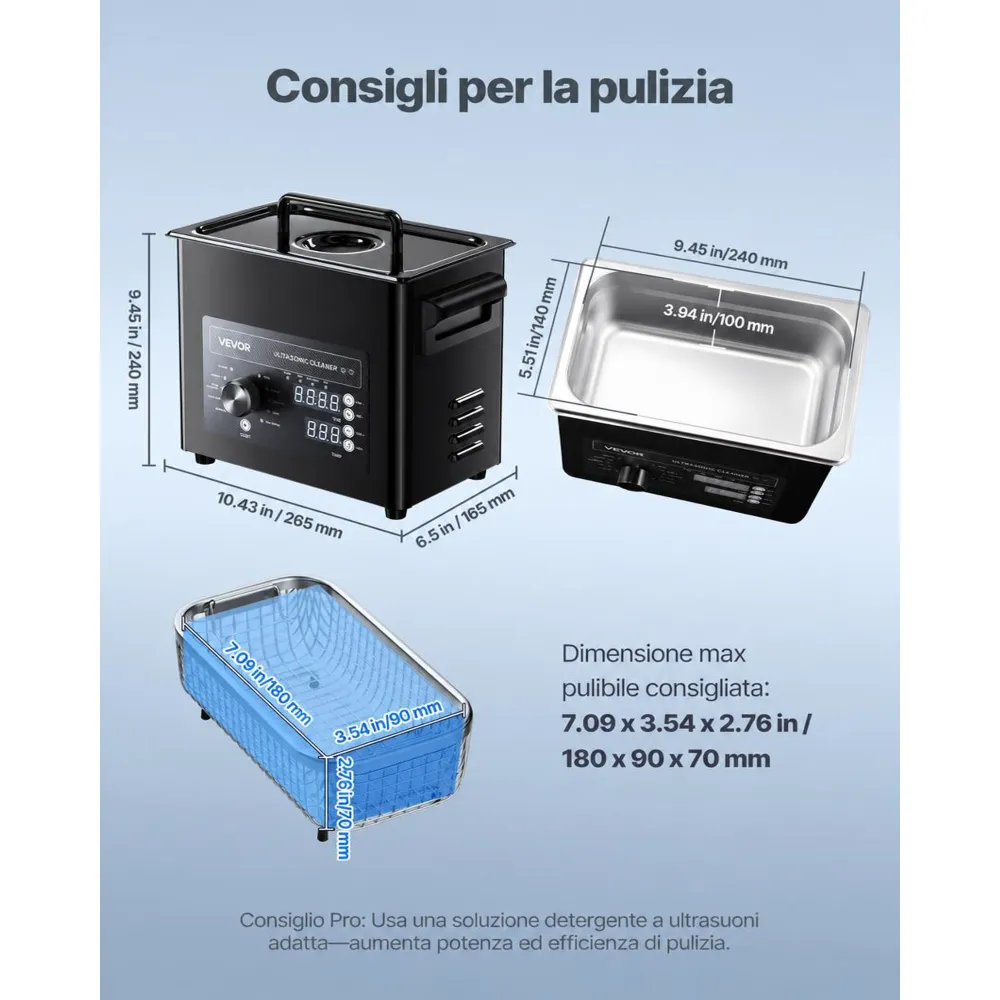 VEVOR Macchina di Pulizia a Ultrasuoni Professionale con Controllo Tramite Manopola Rotante, Capacita di 3 L con Cestello e Sfera di Pulizia, Pulitore a Ultrasuoni per Orologi, Rasoi, Gioielli