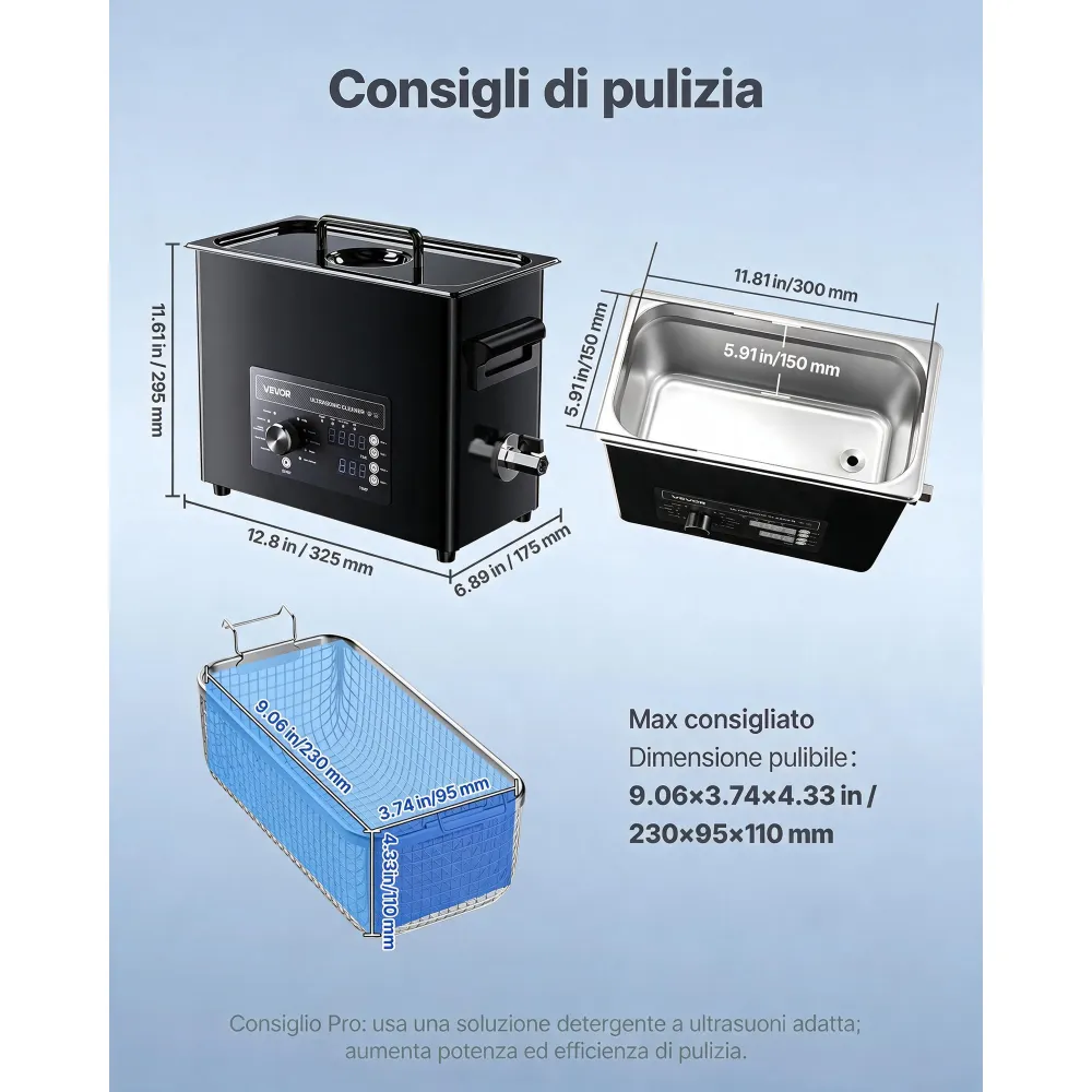 VEVOR Macchina di Pulizia a Ultrasuoni Professionale con Controllo Tramite Manopola Rotante, Capacita di 6 L con Cestello e Sfera di Pulizia, Pulitore a Ultrasuoni per Orologi, Rasoi, Gioielli