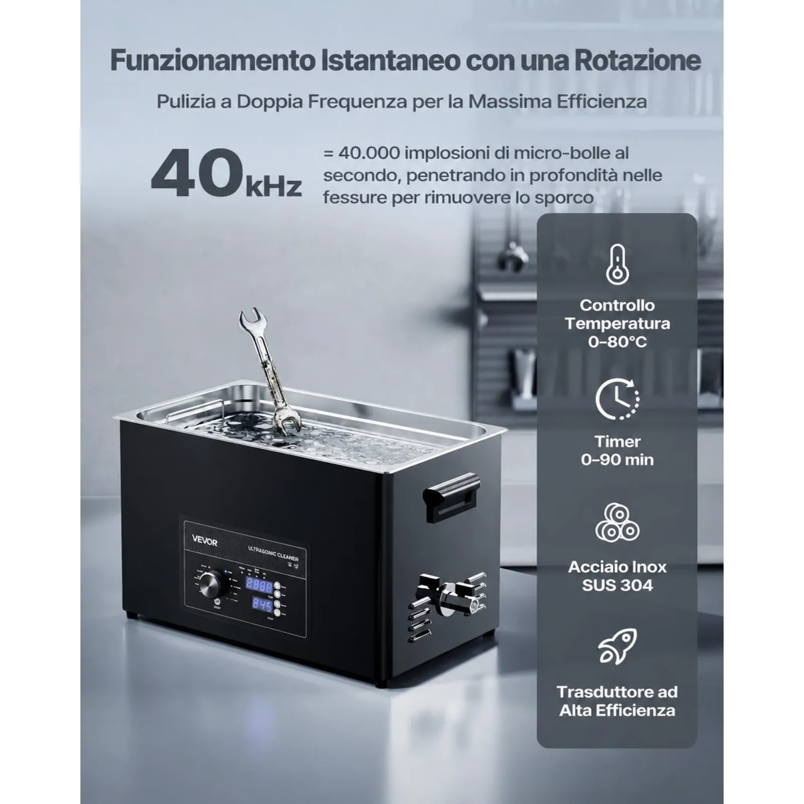 VEVOR Macchina di Pulizia a Ultrasuoni Professionale con Controllo Tramite Manopola Rotante, Capacita di 30 L con Cestello e Sfera di Pulizia, Pulitore a Ultrasuoni per Orologi, Rasoi, Gioielli