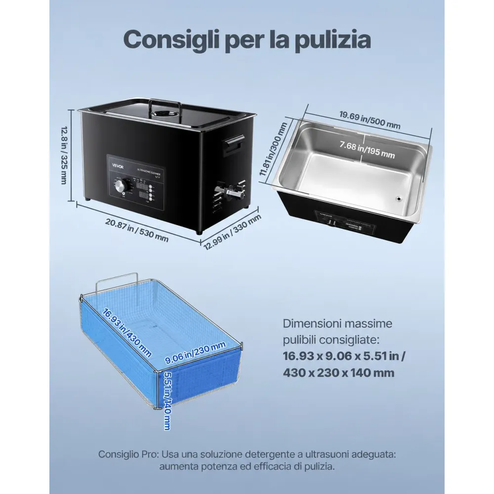 VEVOR Macchina di Pulizia a Ultrasuoni Professionale con Controllo Tramite Manopola Rotante, Capacita di 30 L con Cestello e Sfera di Pulizia, Pulitore a Ultrasuoni per Orologi, Rasoi, Gioielli