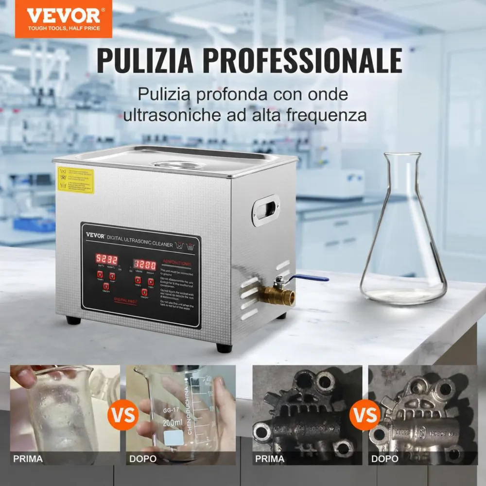 VEVOR Pulitore a Ultrasuoni Display Digitale in Acciaio Inox Capienza 10 Litri con Riscaldamento Tempo Temperatura Regolabile, Macchina Pulitrice a Ultrasuoni per Gioielli Occhiali Orologi Laboratorio