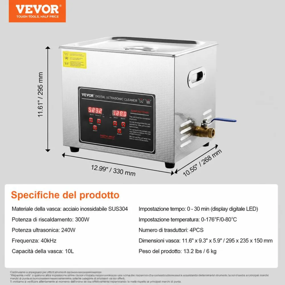 VEVOR Pulitore a Ultrasuoni Display Digitale in Acciaio Inox Capienza 10 Litri con Riscaldamento Tempo Temperatura Regolabile, Macchina Pulitrice a Ultrasuoni per Gioielli Occhiali Orologi Laboratorio