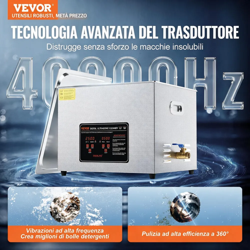 VEVOR Pulitore ad Ultrasuoni 15L Dispositivo per Pulizia Ultrasuoni Macchina per Pulizia ad Ultrasuoni da 360W con Timer Riscaldatore, Pulitore Digitale da 40 kHz con Cestello per Parti Gioielli