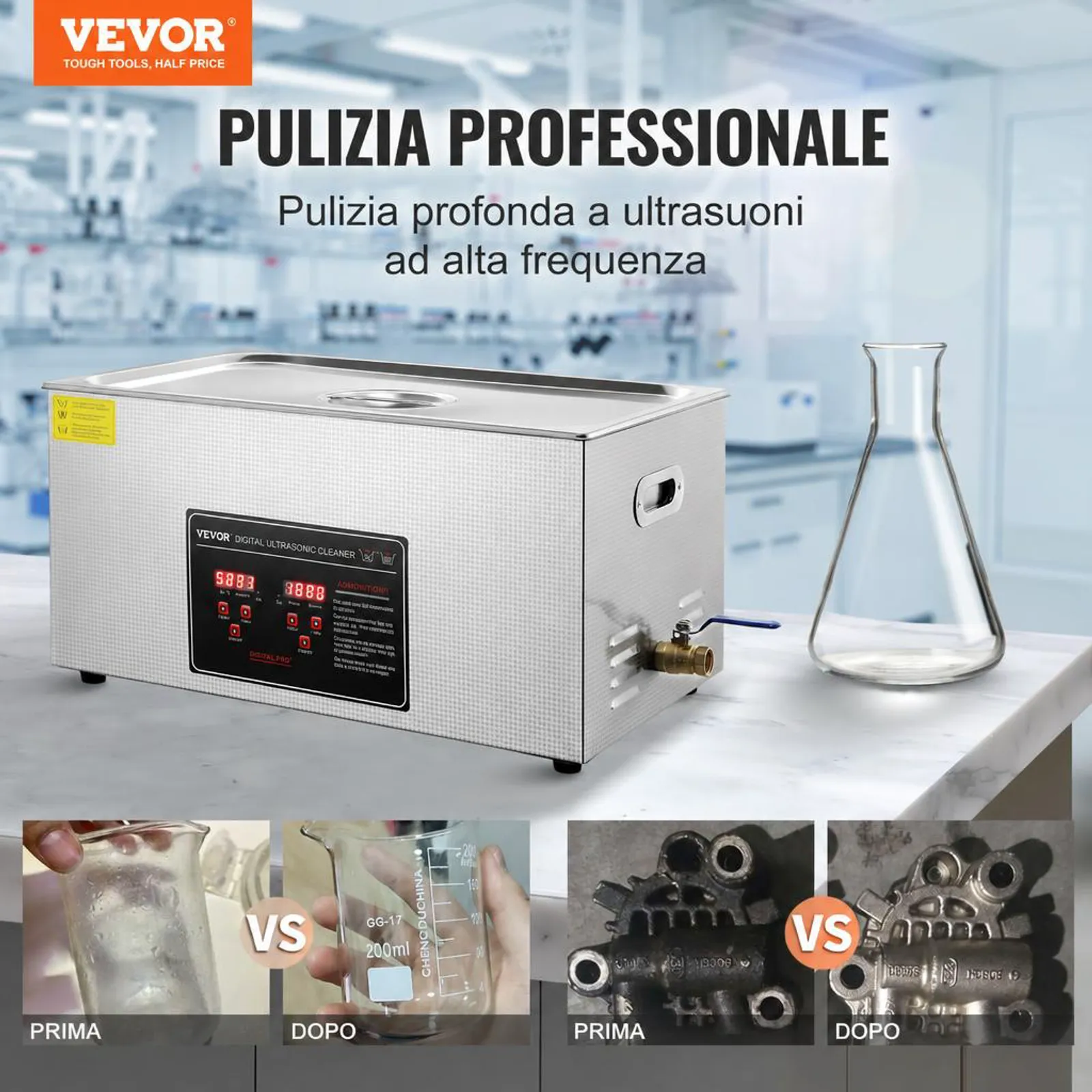 VEVOR Pulitore a Ultrasuoni Display Digitale in Acciaio Inox Capienza 22 Litri con Riscaldamento Tempo Temperatura Regolabile, Macchina Pulitrice a Ultrasuoni per Gioielli Occhiali Orologi Laboratorio